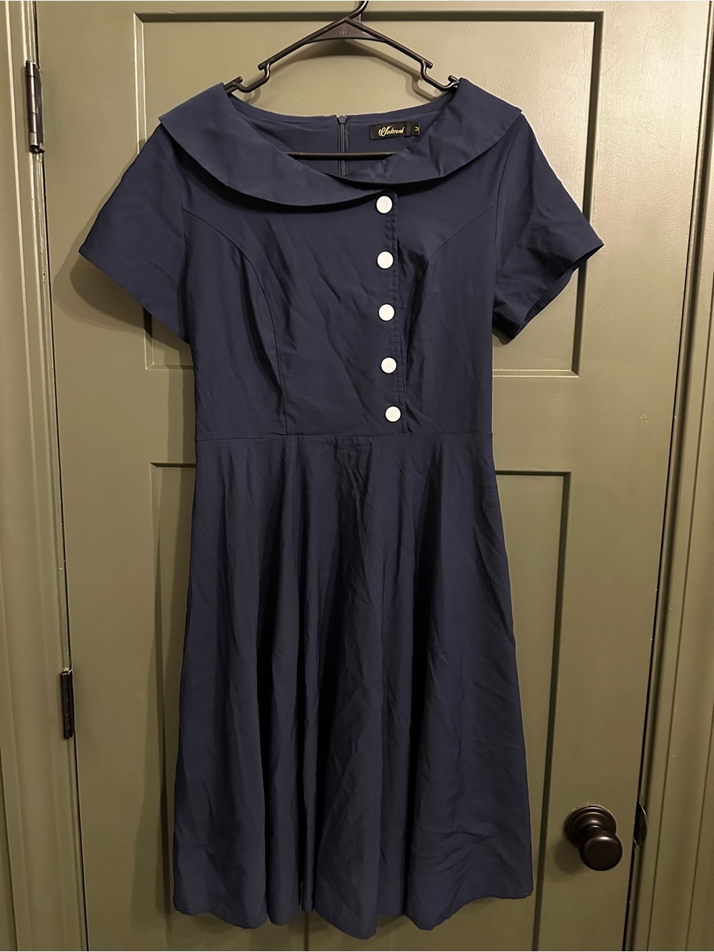 Classic Navy Sailor-Collar Midi Dress with Contrasting Buttons